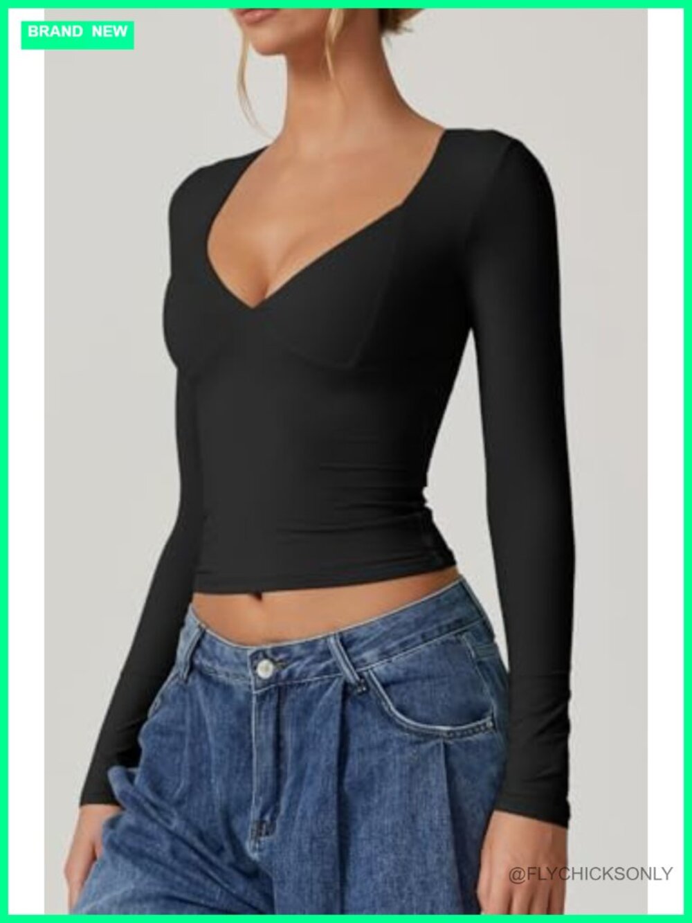 QINSEN Women's Long Sleeve V Neck Double Lined Crop Top Seamed Cup - Picture 3 of 5